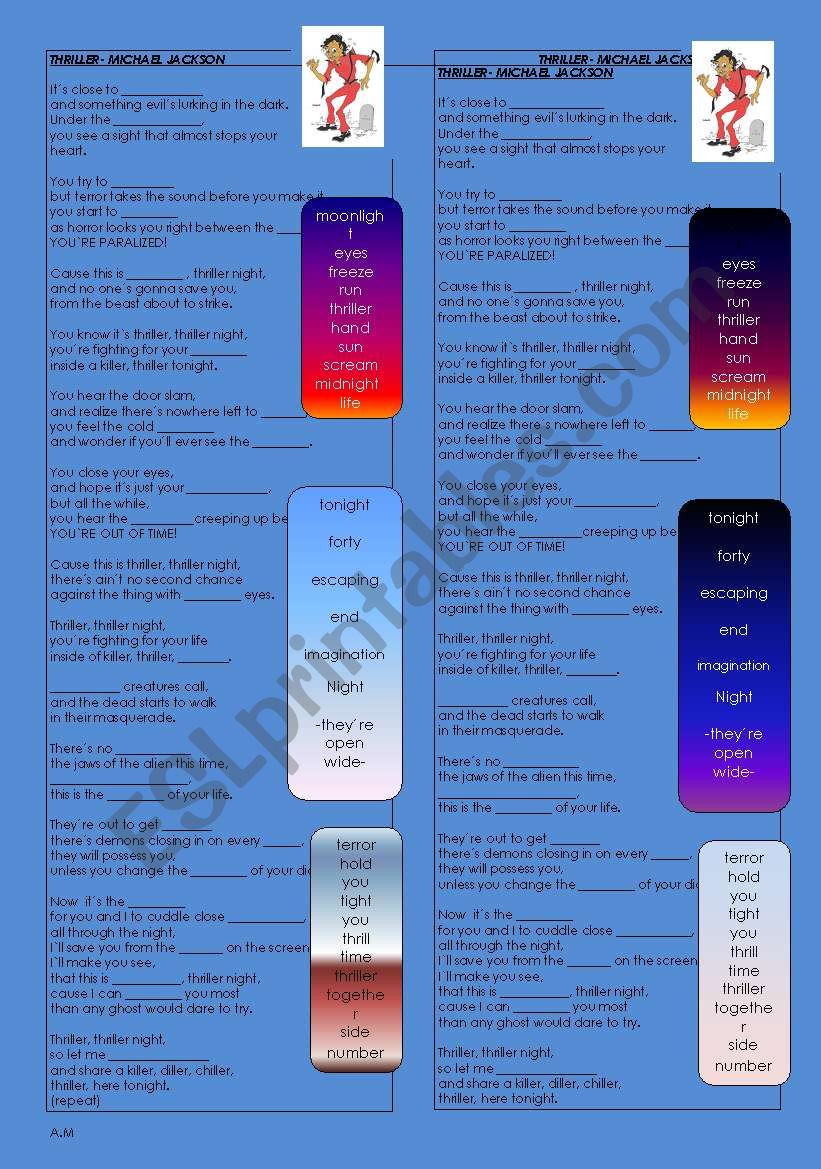 Song THRILLER Michael Jackson Fill in the blanks