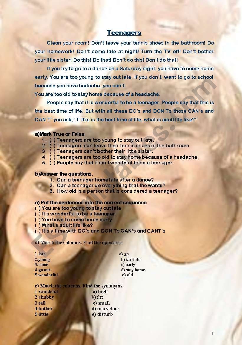 Teenagers worksheet