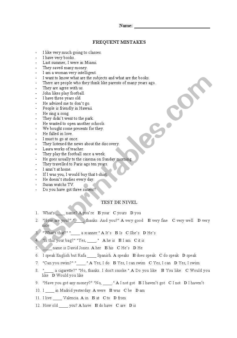 FREQUENT MISTAKES. LEVEL TEST worksheet
