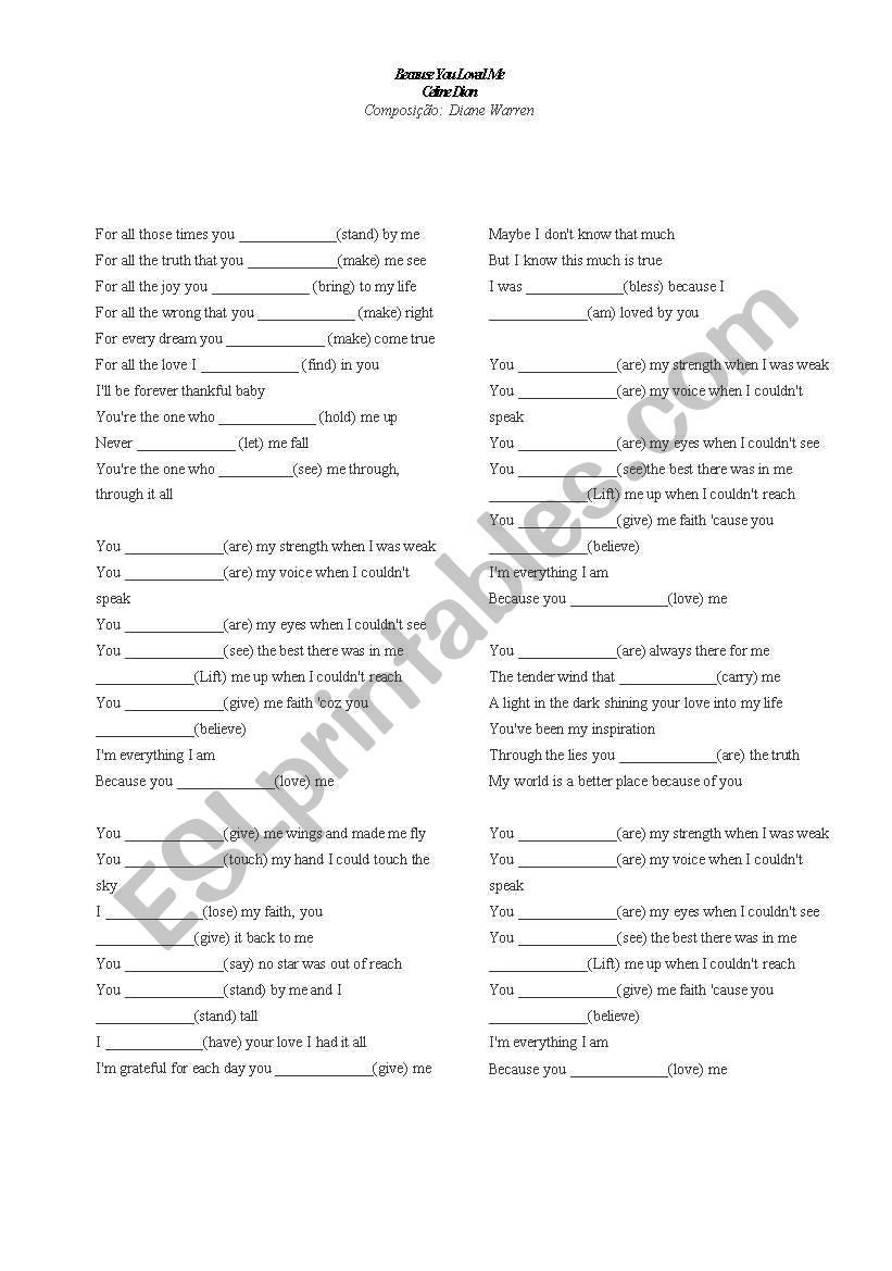 Because You Loved Me  worksheet