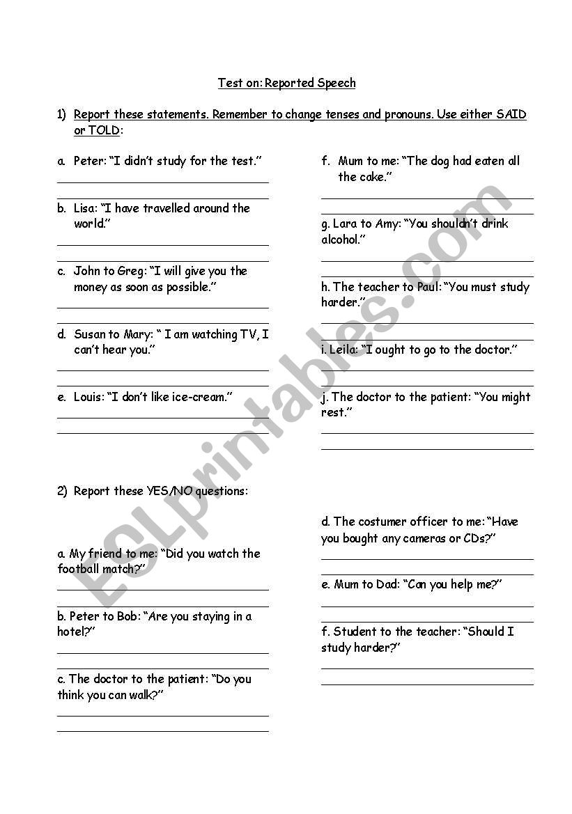 Reported Speech - Exercises worksheet