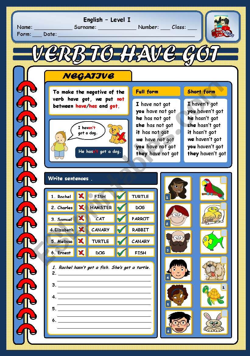 VERB HAVE GOT - NEGATIVE worksheet