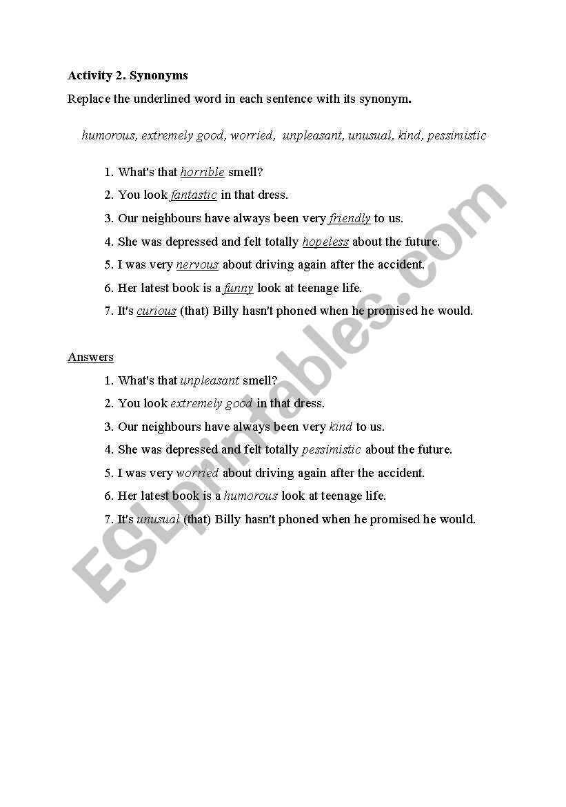 Synonyms worksheet