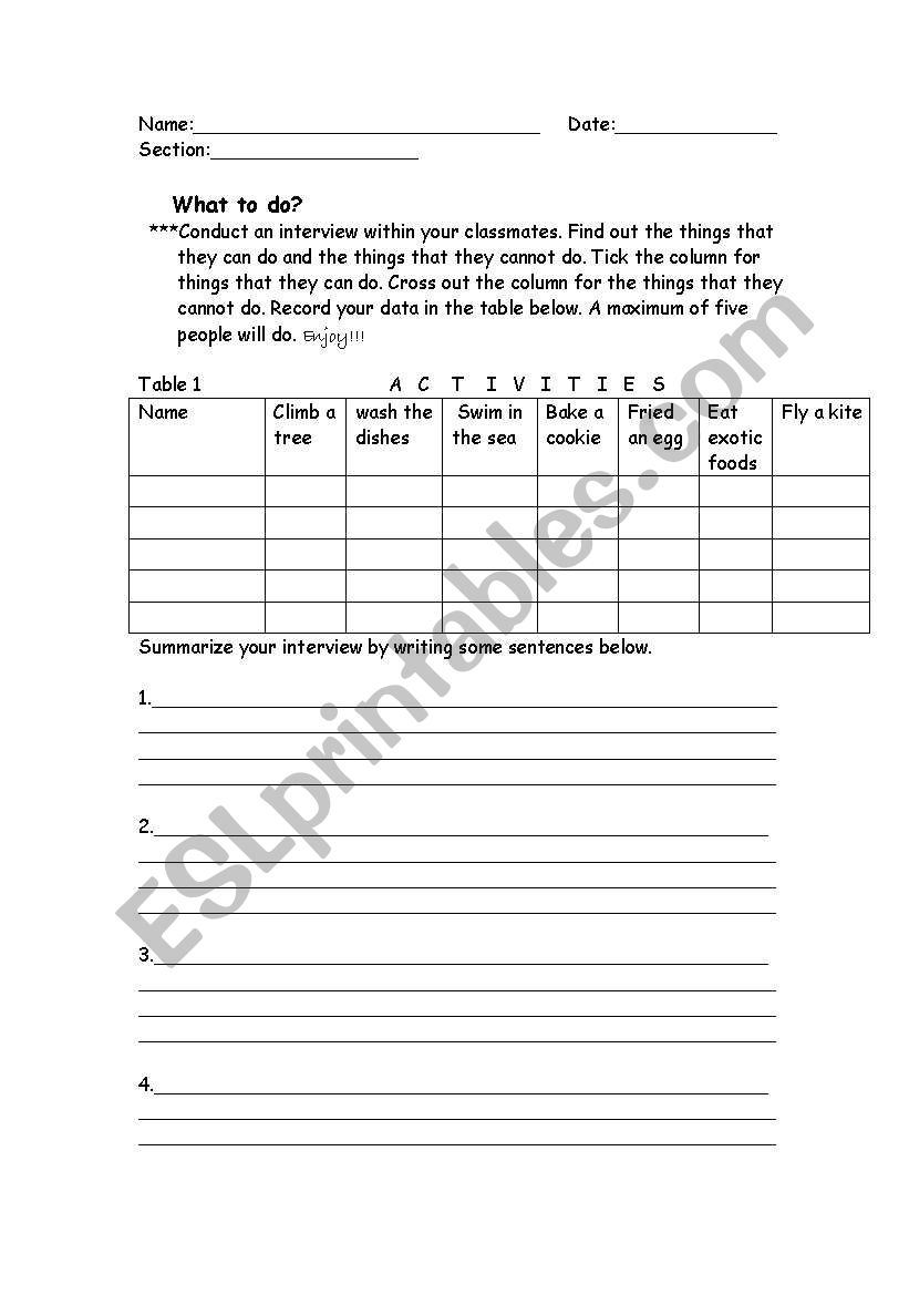 I can/I cant...... worksheet