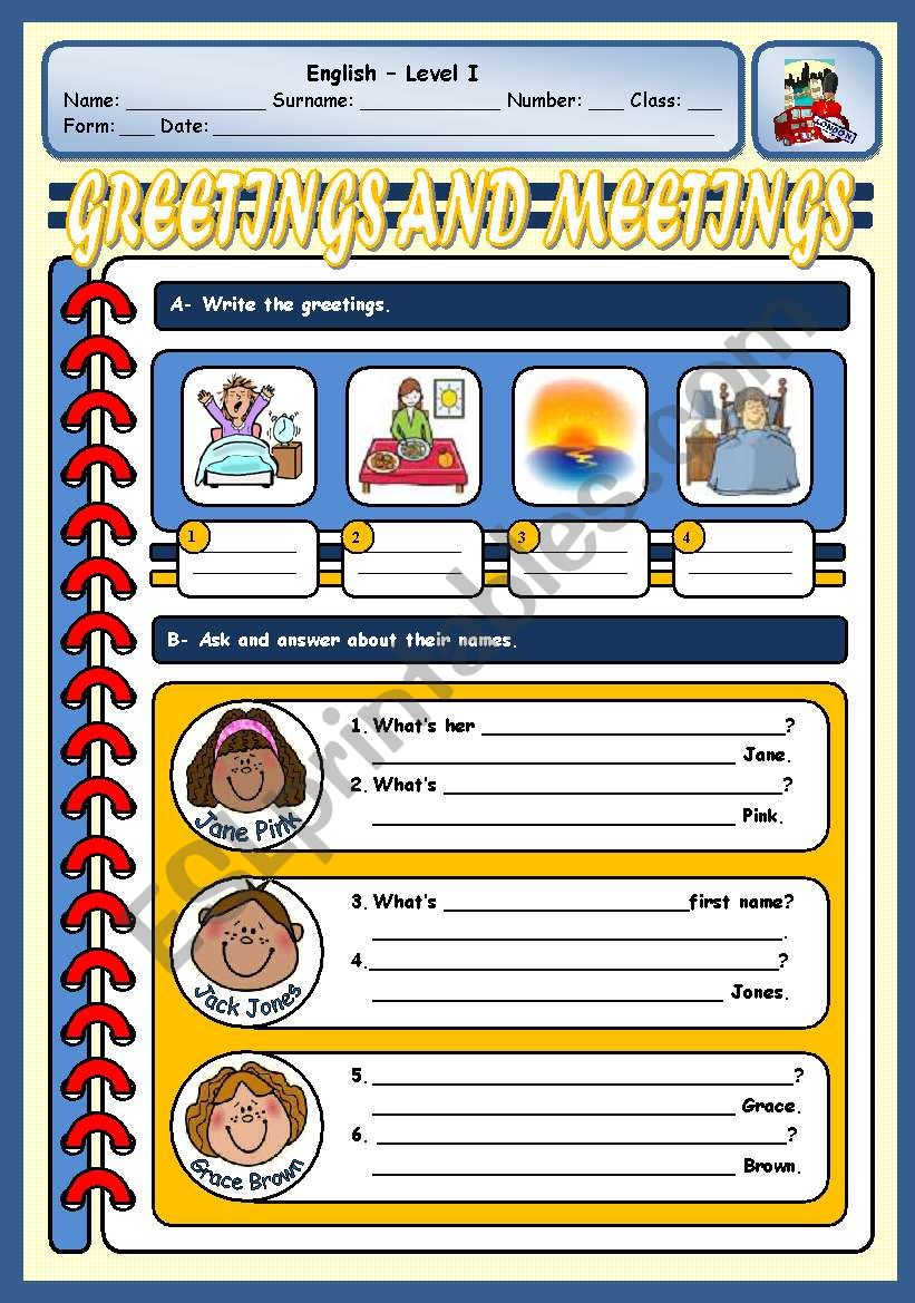 GREETINGS AND NAMES/SURNAMES worksheet