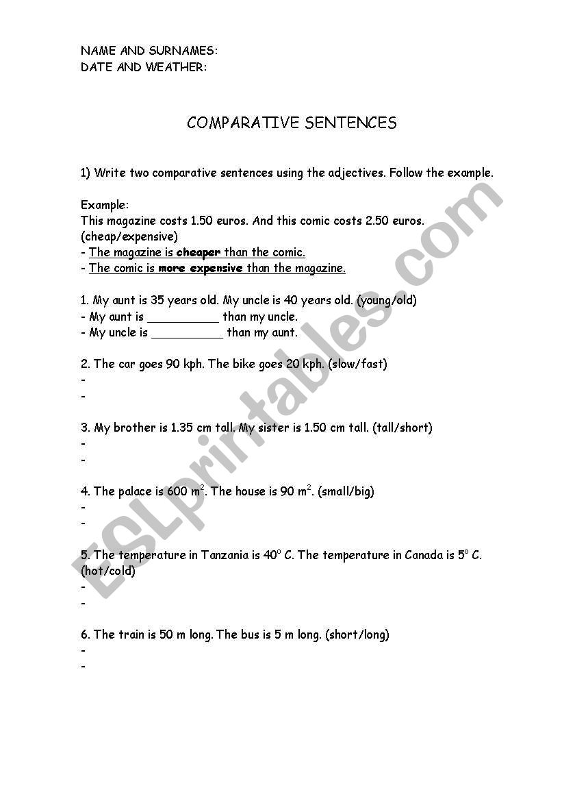 Comparative Sentences worksheet