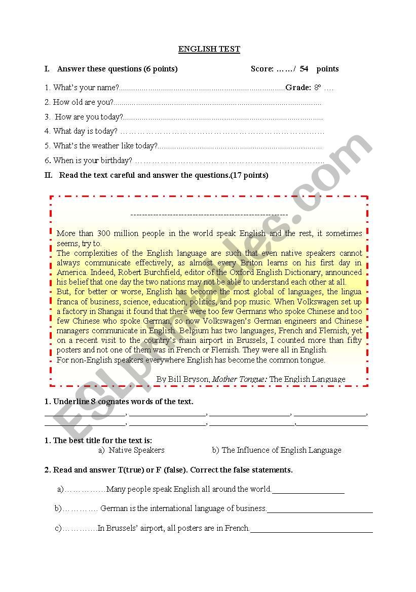 english test worksheet