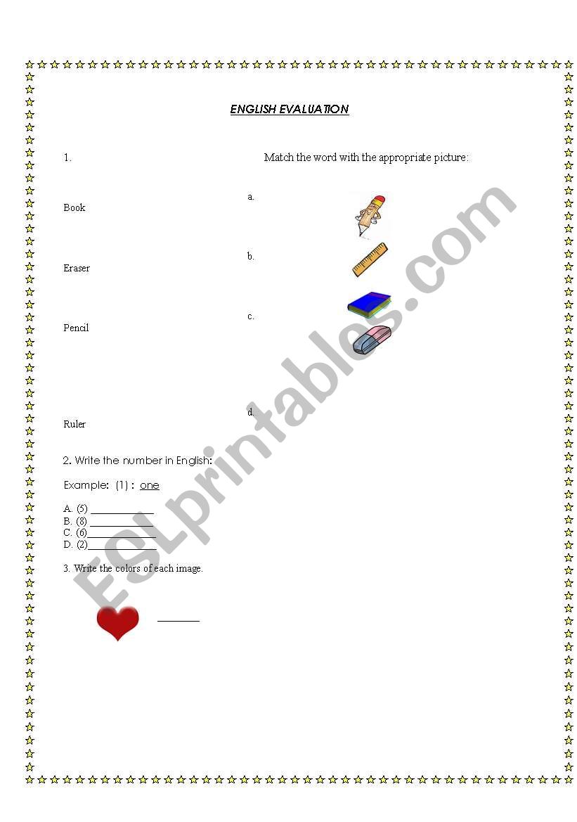 English Evaluation or Exercise about classroom objects, colors and numbers