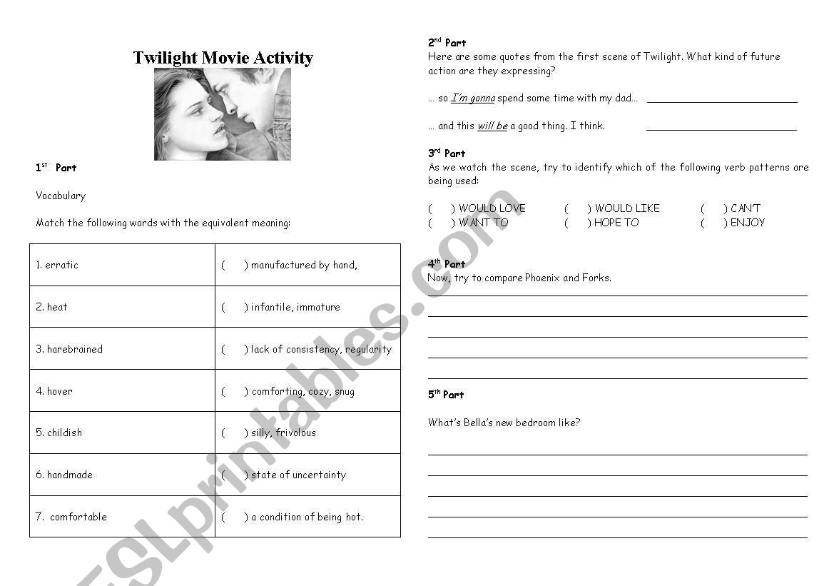 Twilight movie activity worksheet