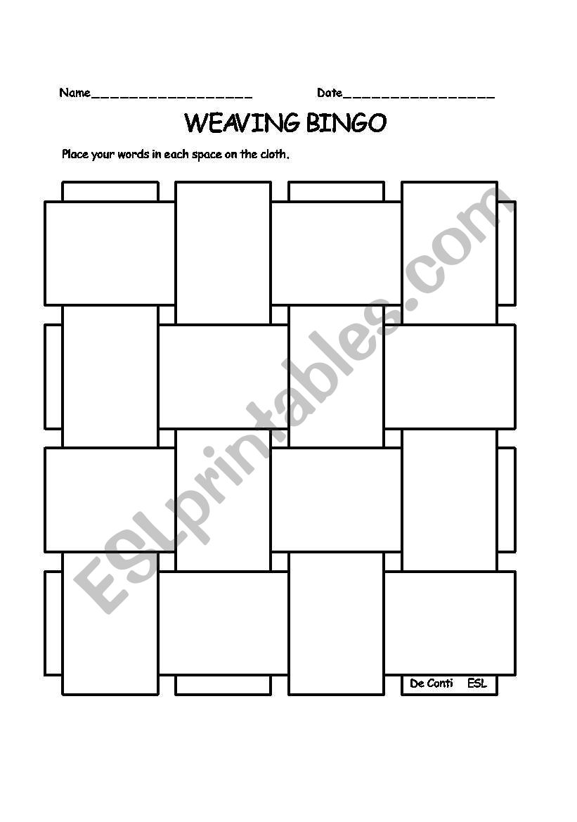 Weaving Bingo worksheet