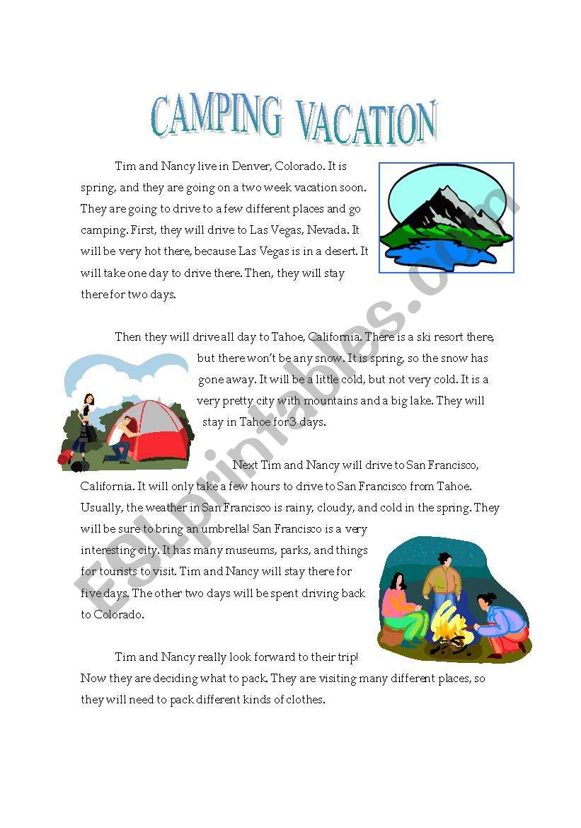 Camping reading worksheet