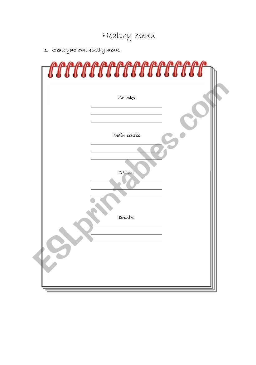 healthy menu worksheet