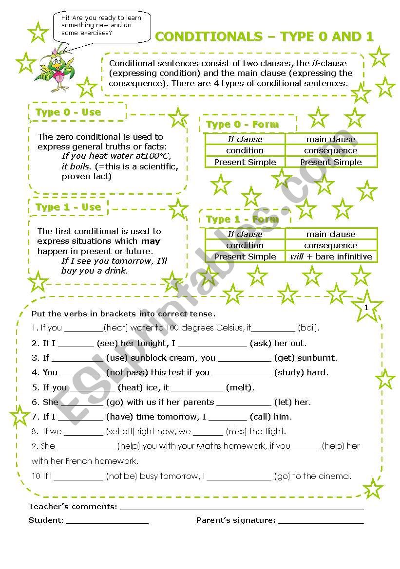 conditionals - type 0 and 1 worksheet