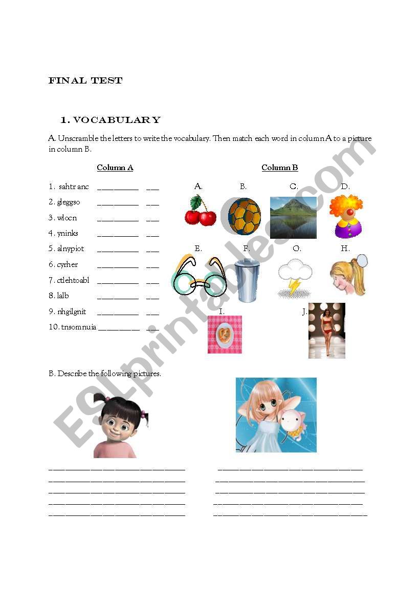 Exercises for Vocabulary, description and countable and uncountable nouns