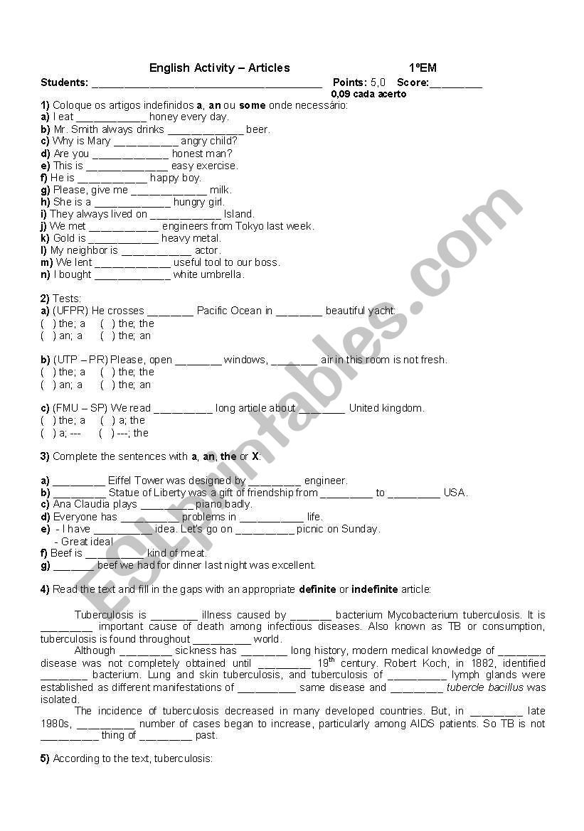 Articles worksheet