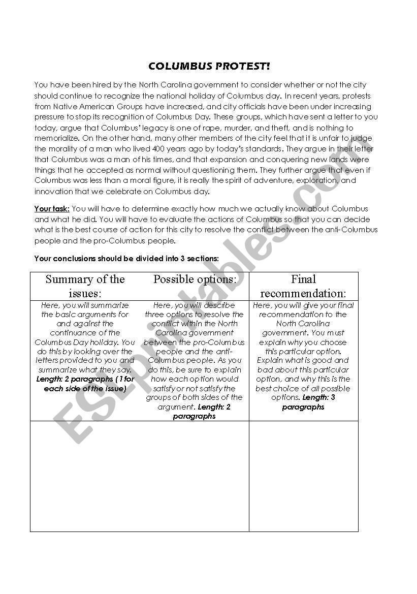 Columbus Debate worksheet