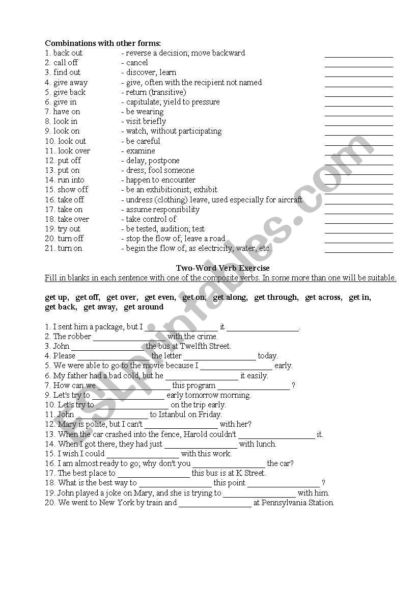 Two - word verb worksheet