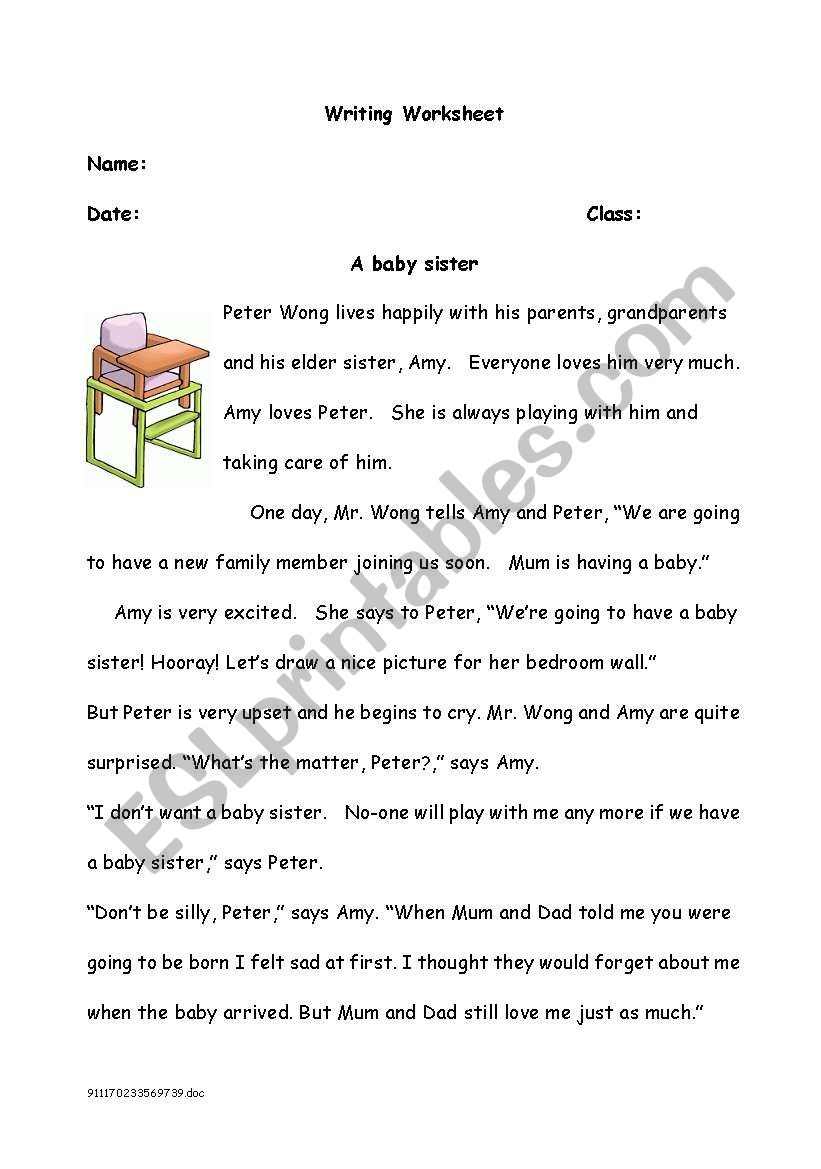 Comprehension and Writing Worksheet - A Baby Sister