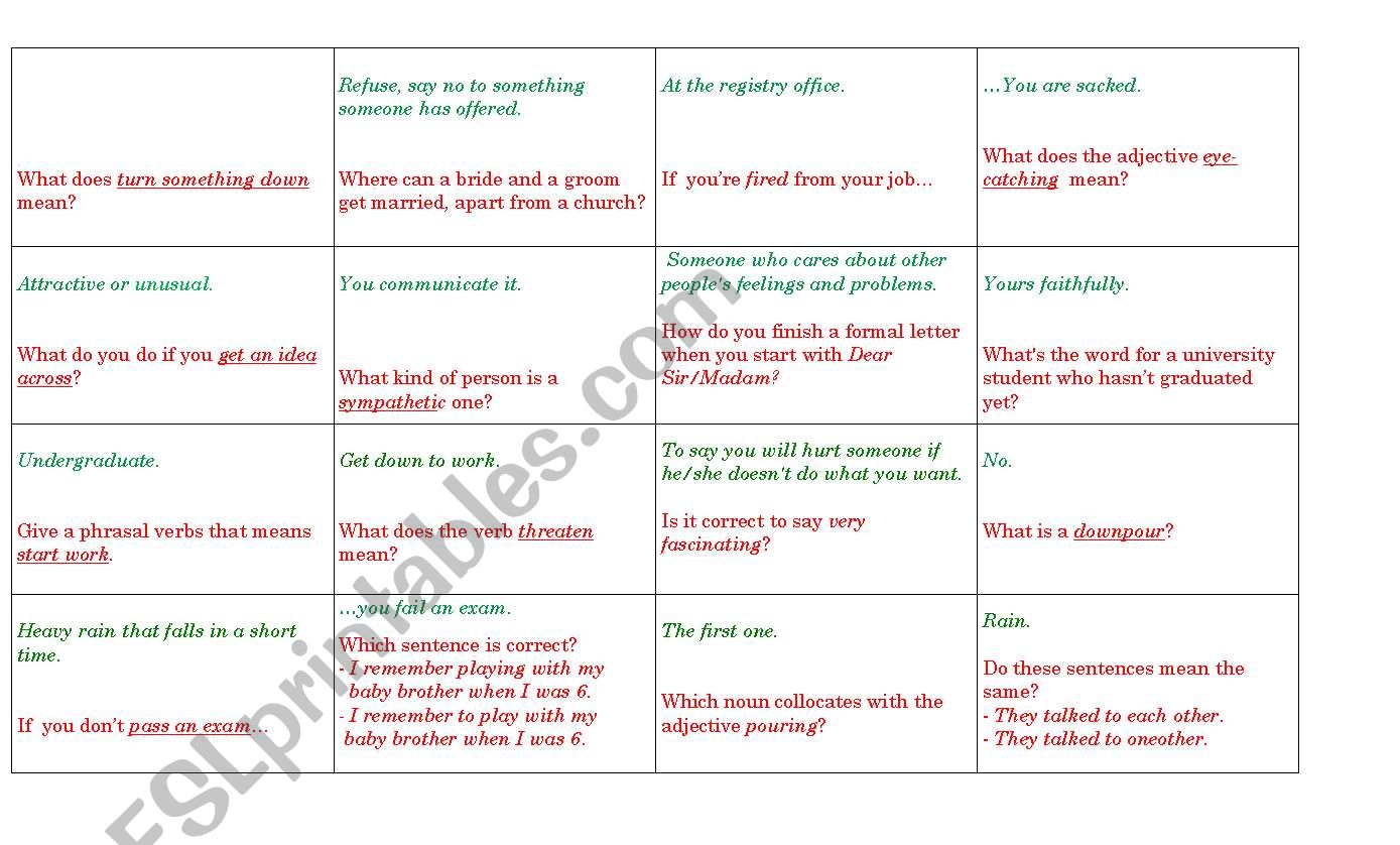 First Certificate revision game (loop cards)