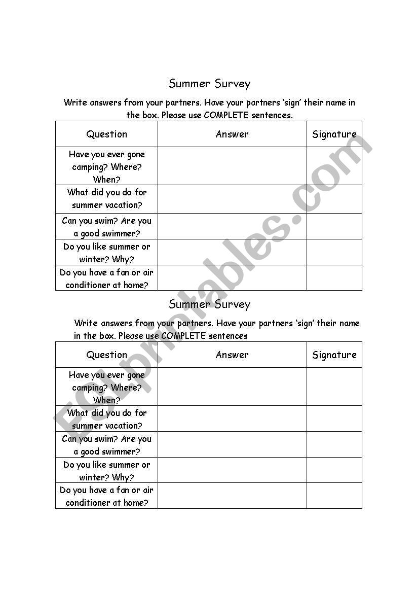 Summer Survey worksheet