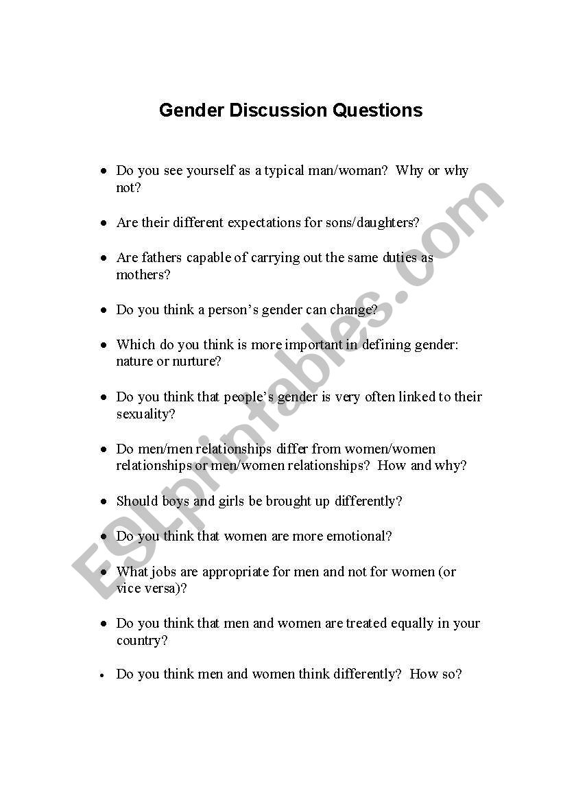 Gender discussion questions worksheet