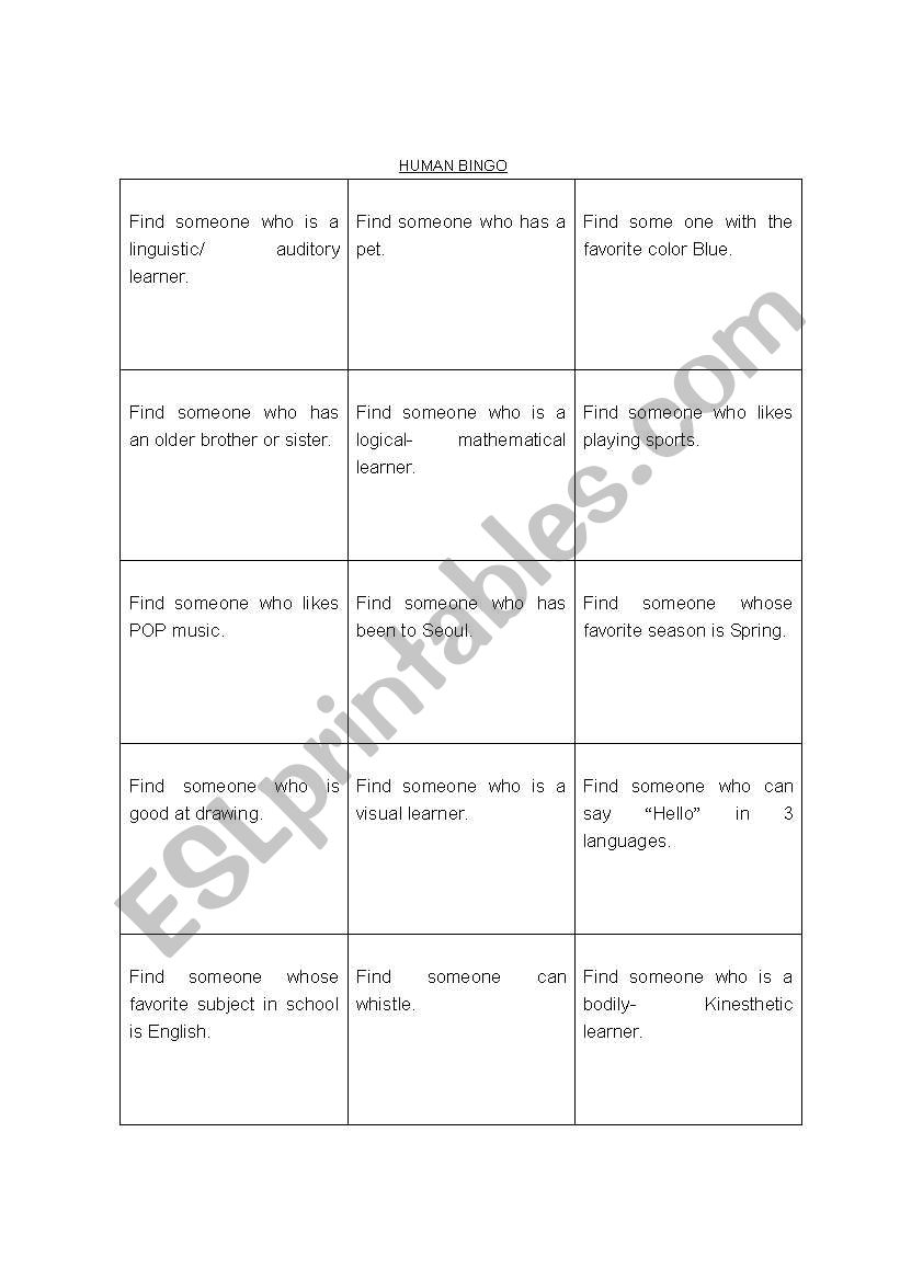 Human Bingo worksheet