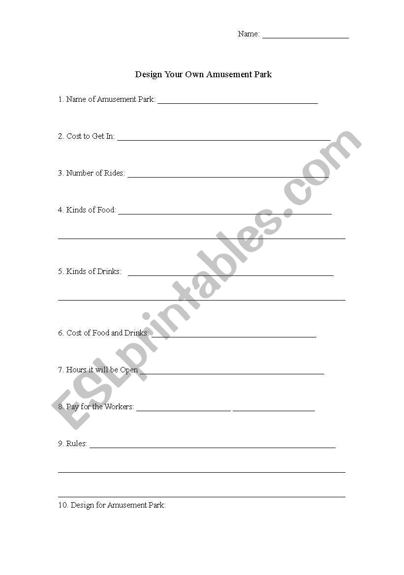 Amusement Park worksheet