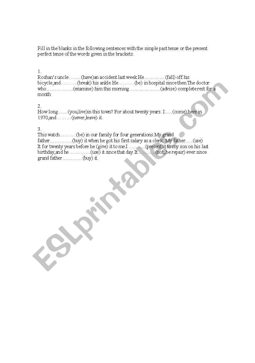 PERFECT TENSE WORK SHEET worksheet