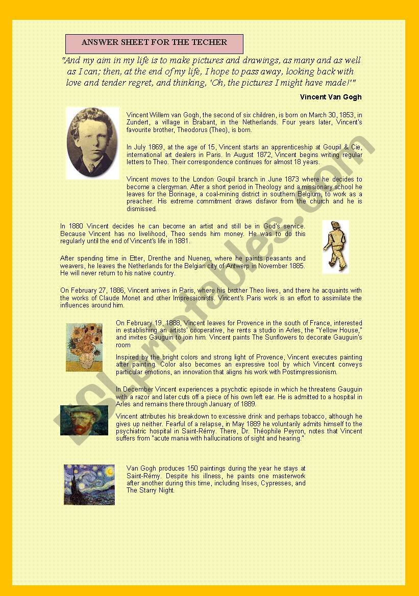 Vincent Van Goghs life worksheet