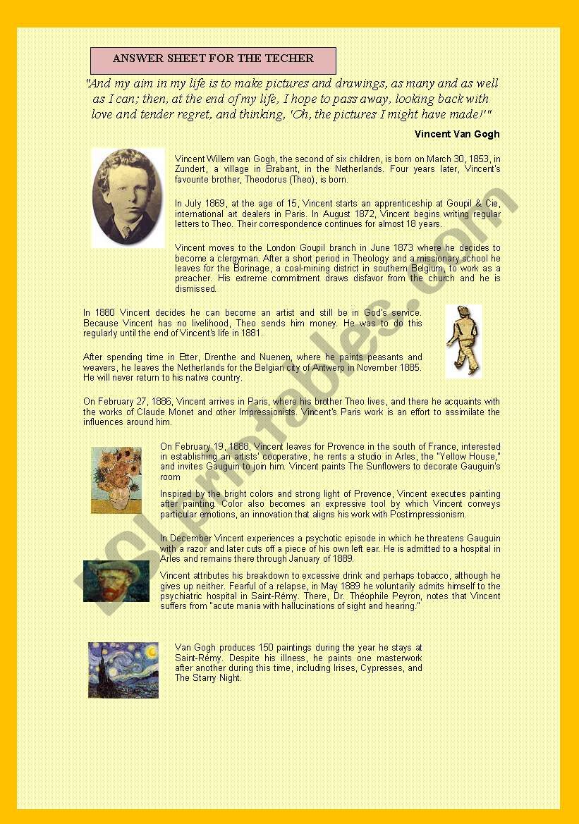 Vincent Van GoghÂ´s life worksheet