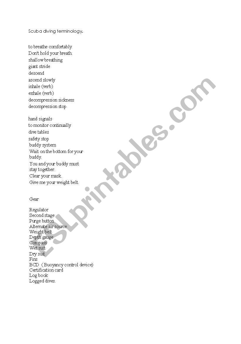 Scuba diving Terminology worksheet