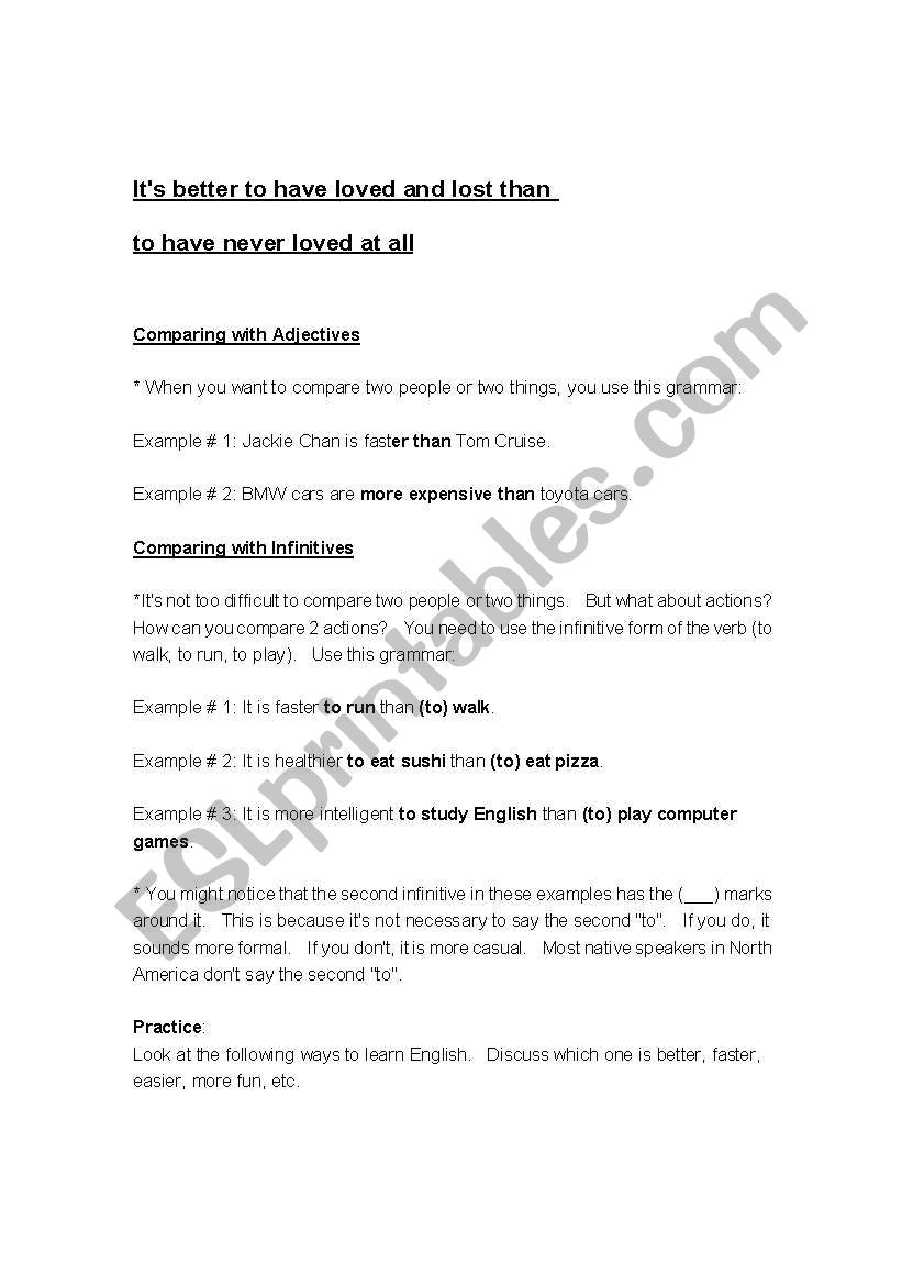 Comparing Actions using infinitives