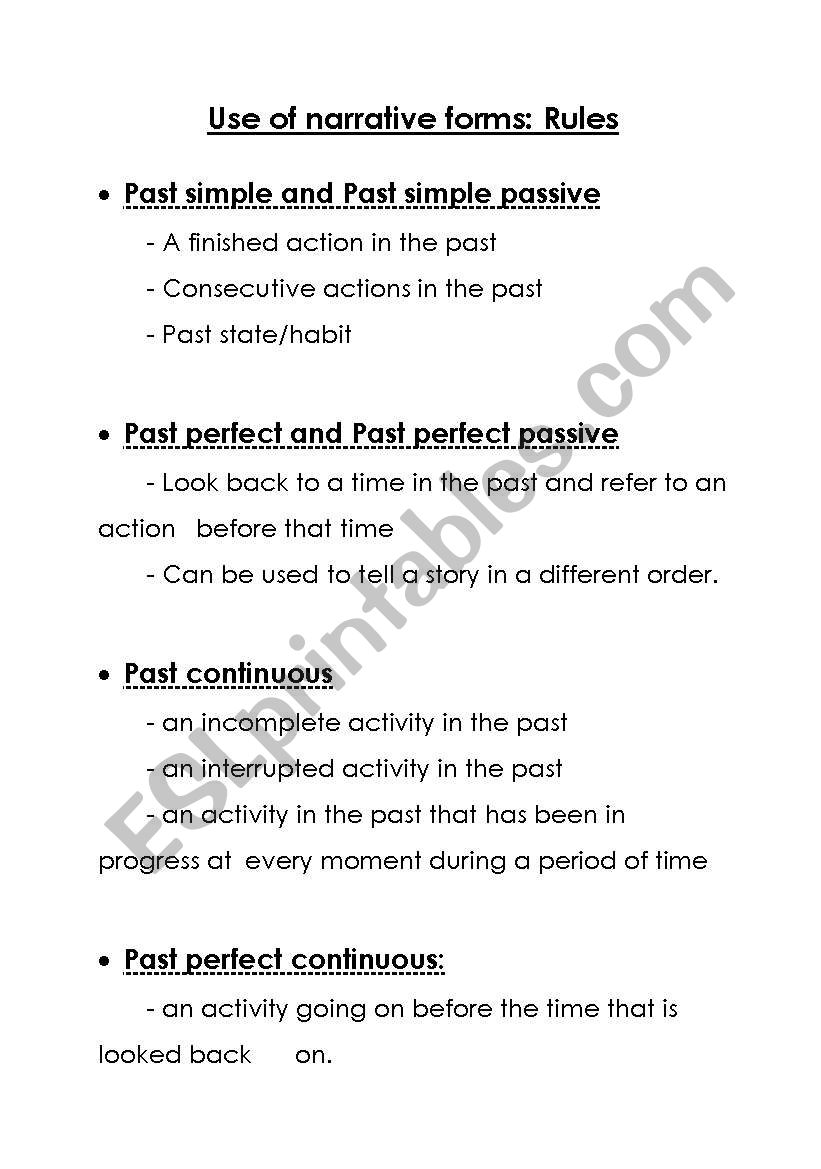 Use Of narrative forms worksheet