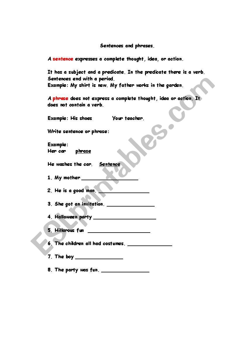 sentences and phrases worksheet