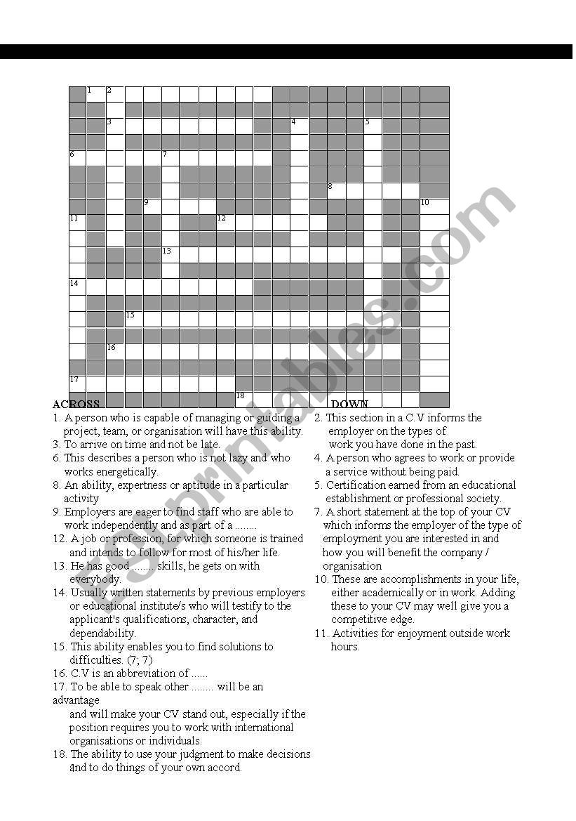 C.V. Crossword Puzzle worksheet