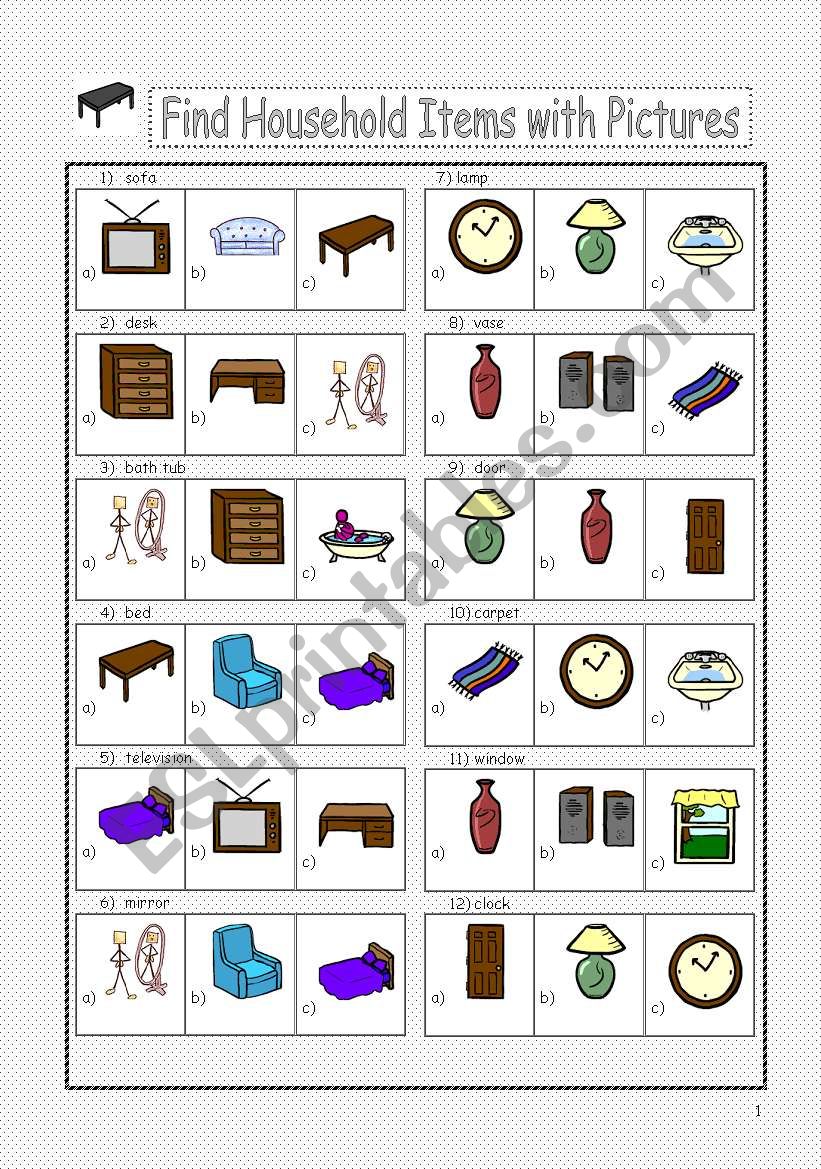 Find Household Items with Pictures - ESL worksheet by aysun0687