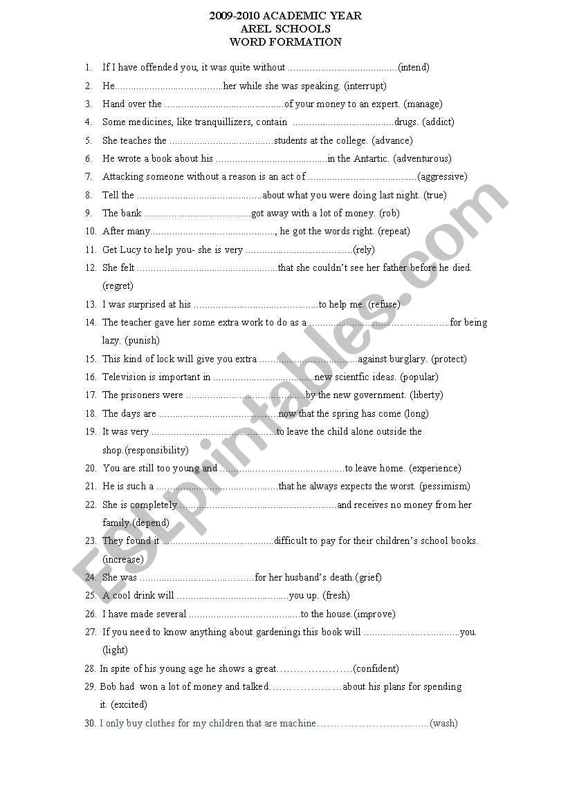 word formation worksheet