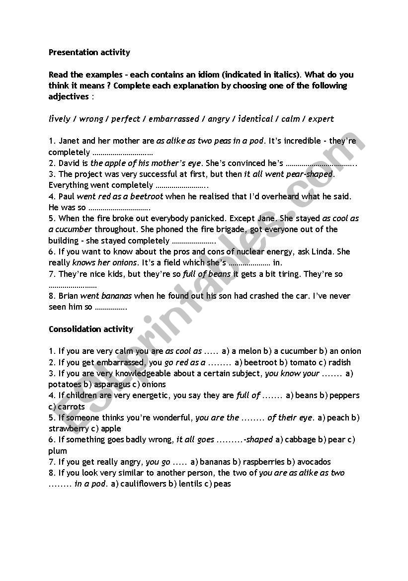 Food idioms worksheet