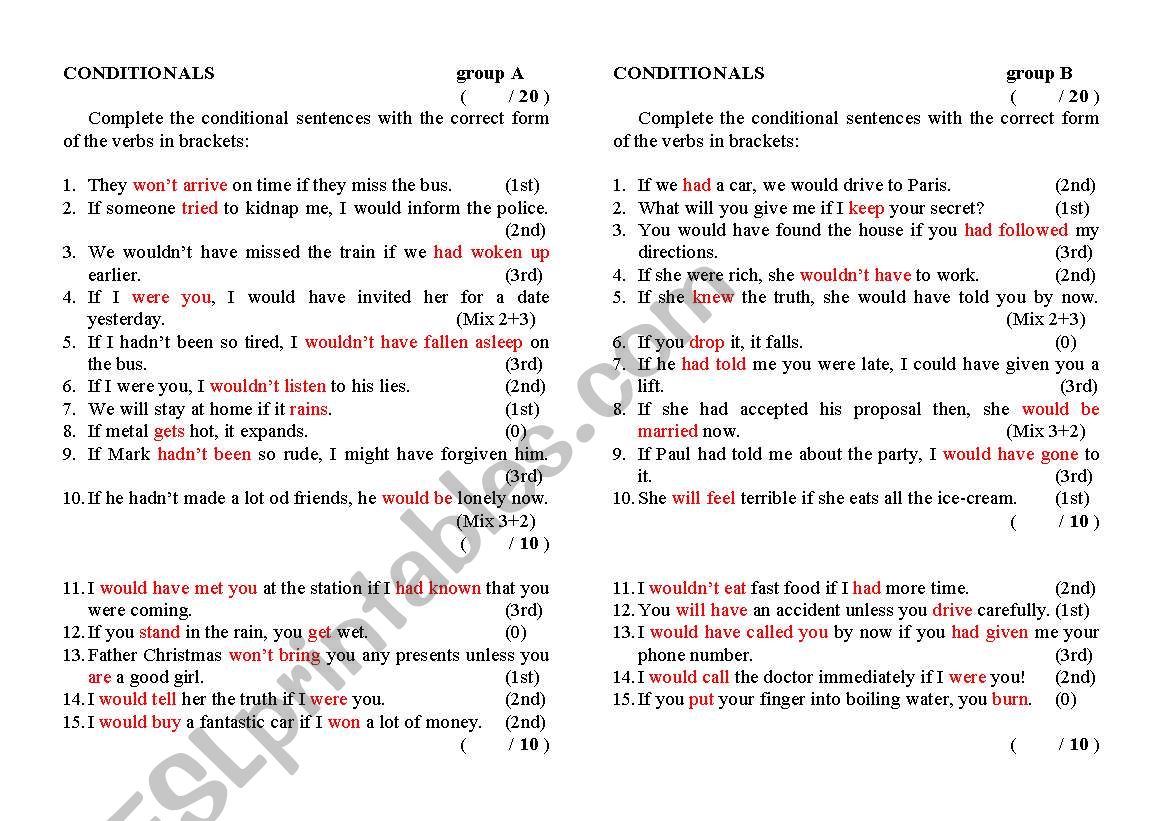 Conditionals TEST worksheet