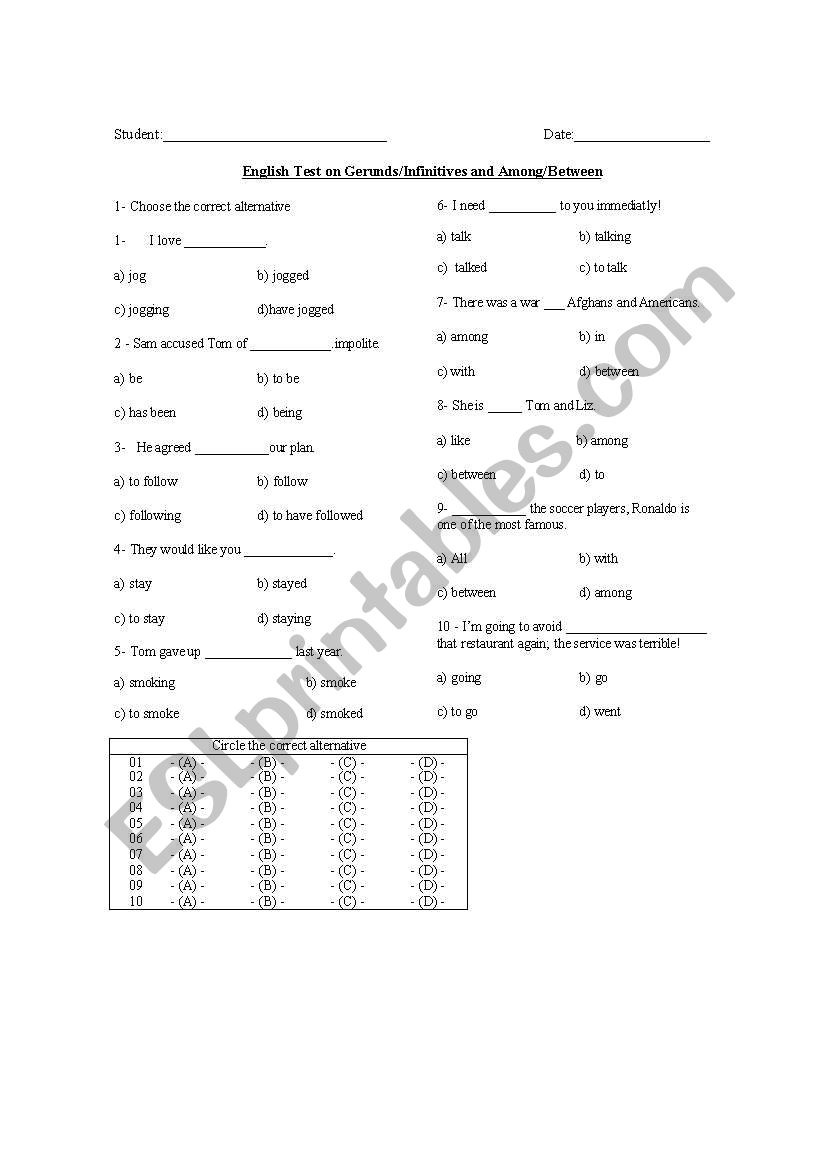 Test on Gerund/Infinitive and Among/between