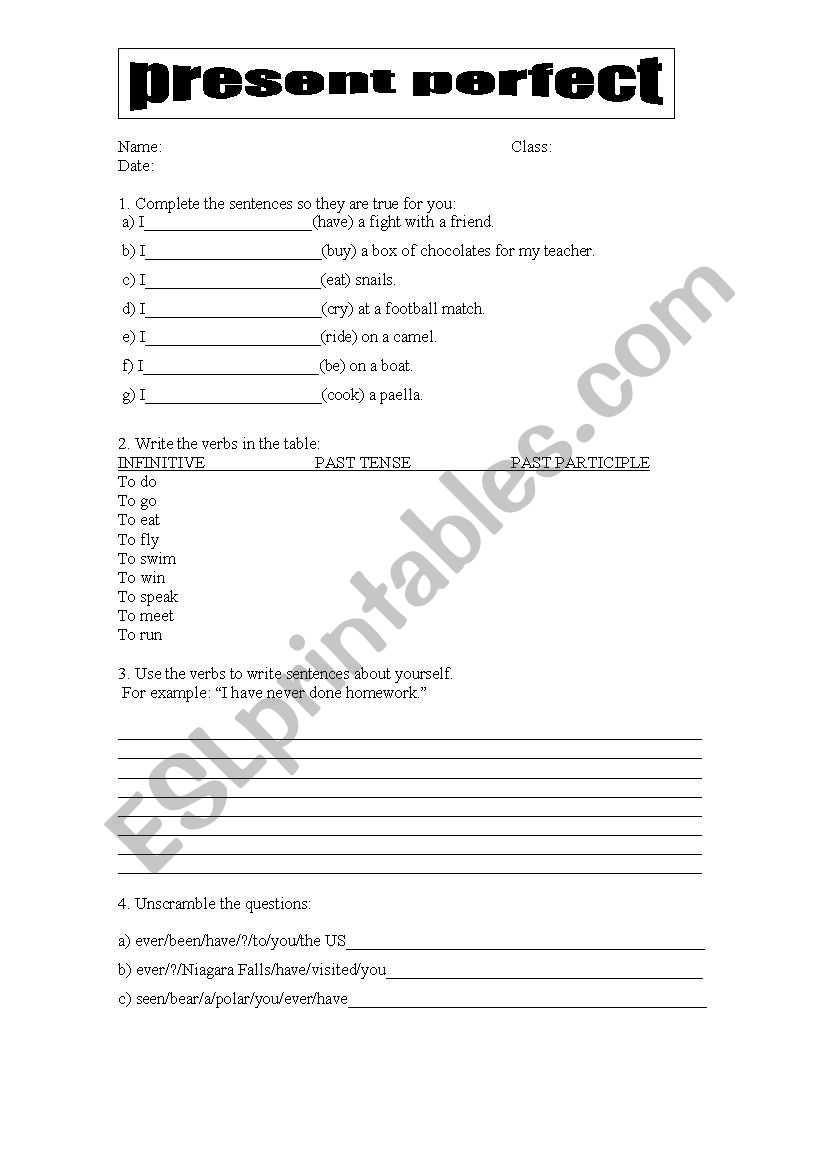 present perfect activities worksheet