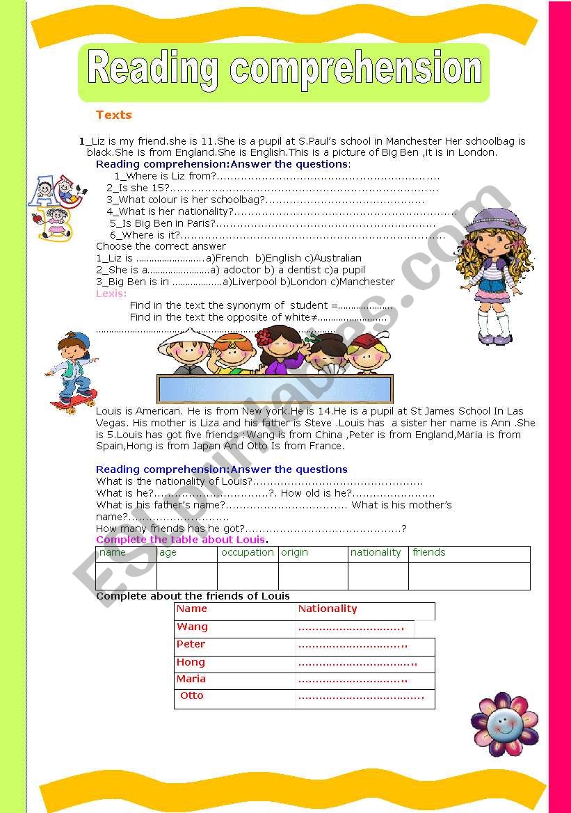 Reading comprehension worksheet