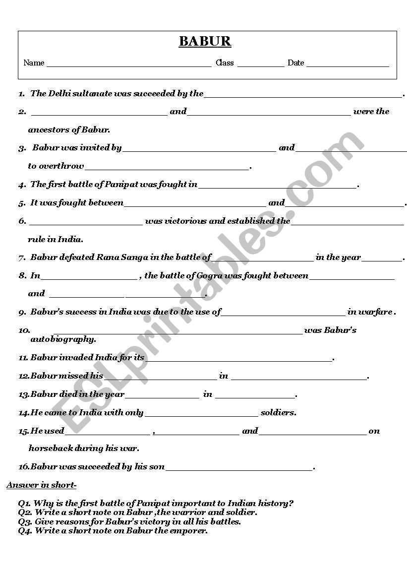 worksheet on babur worksheet