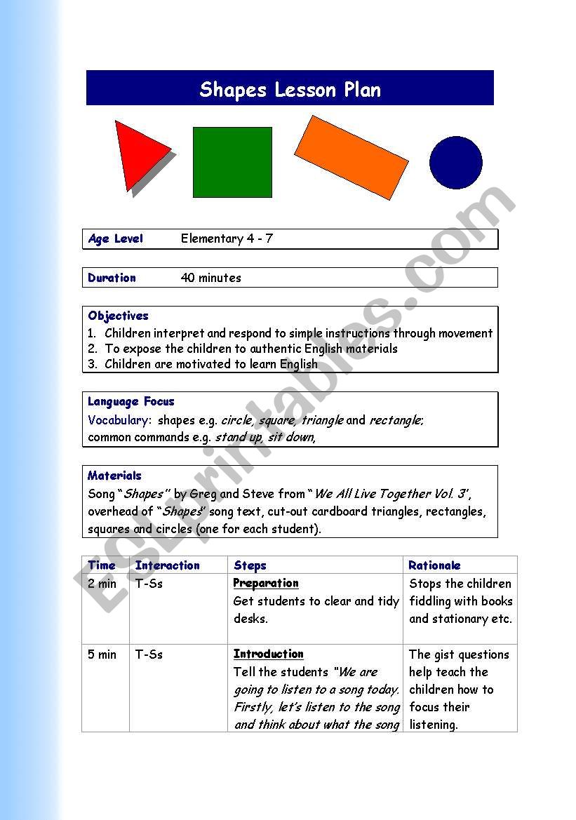 Shapes Song Lesson Plan worksheet