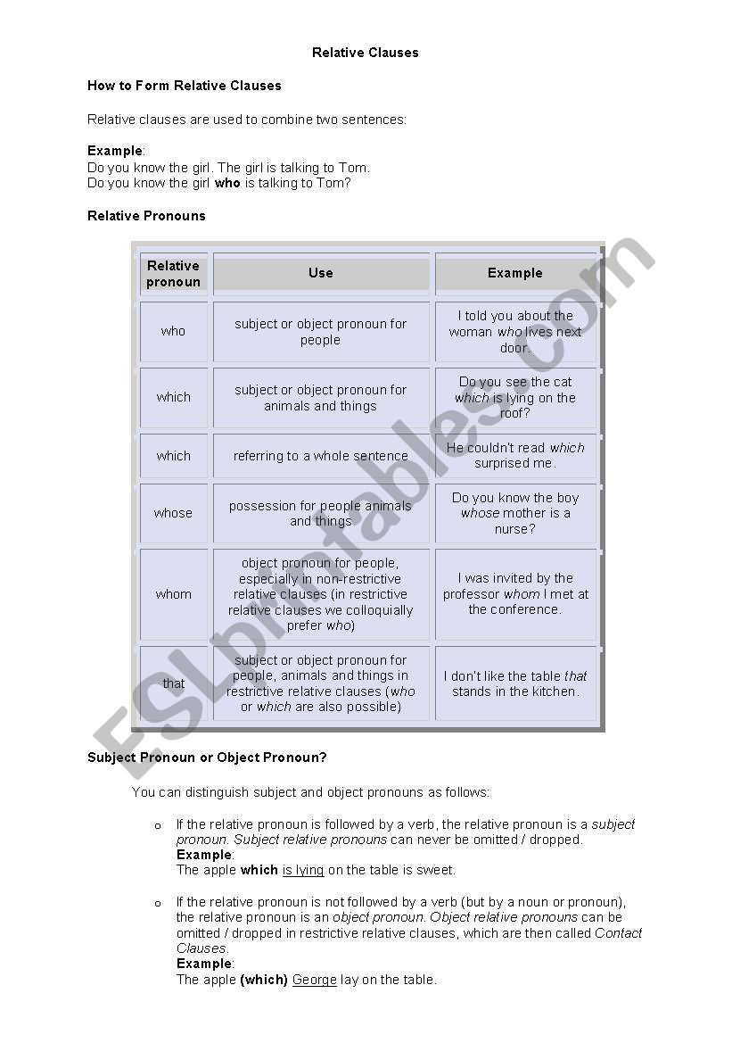 Relative Clauses  worksheet