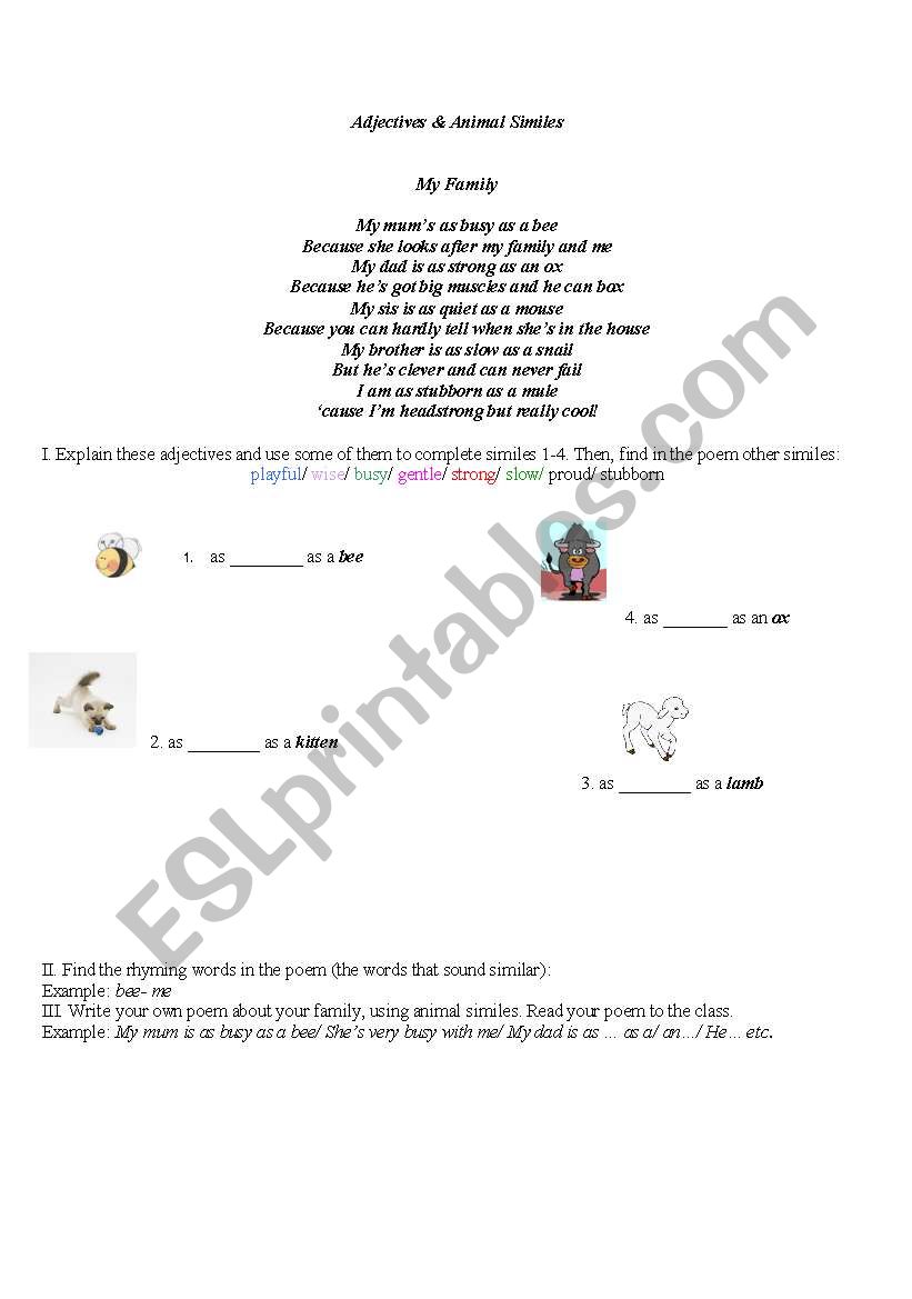 Adjectives and Animal Similes worksheet