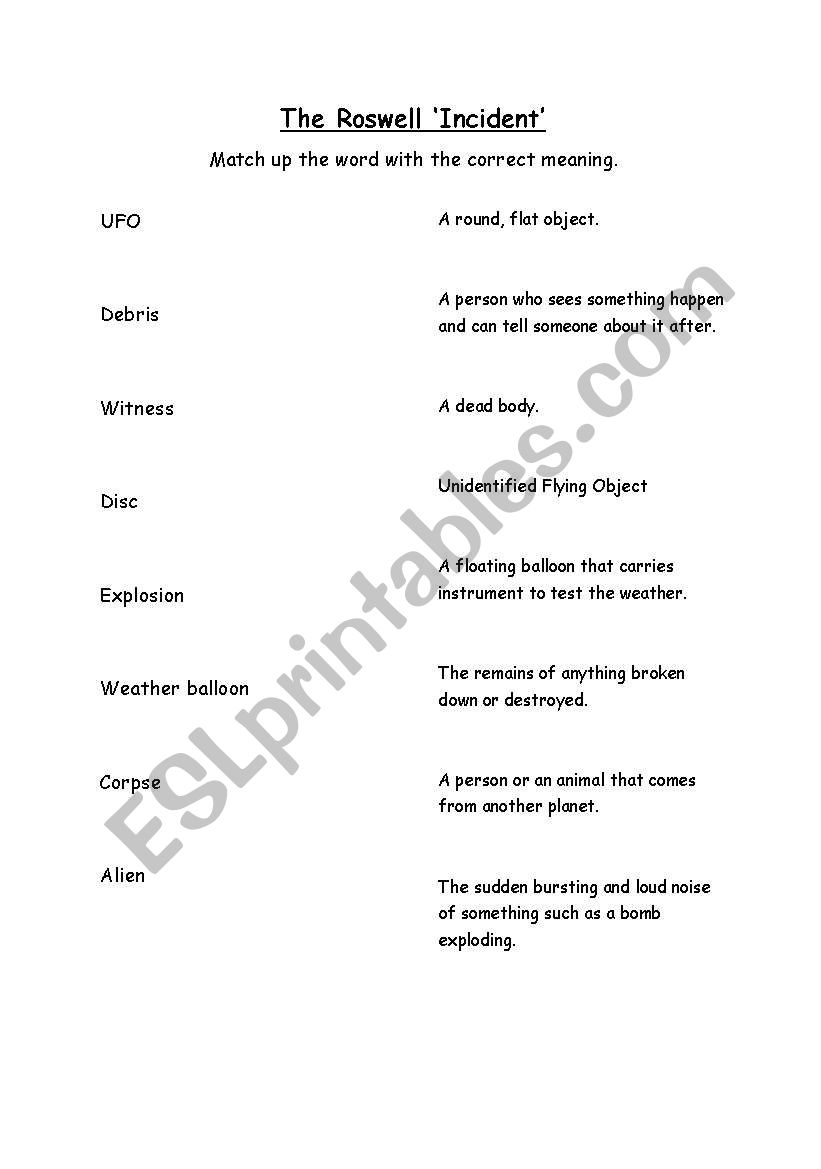 Roswell vocab match up worksheet