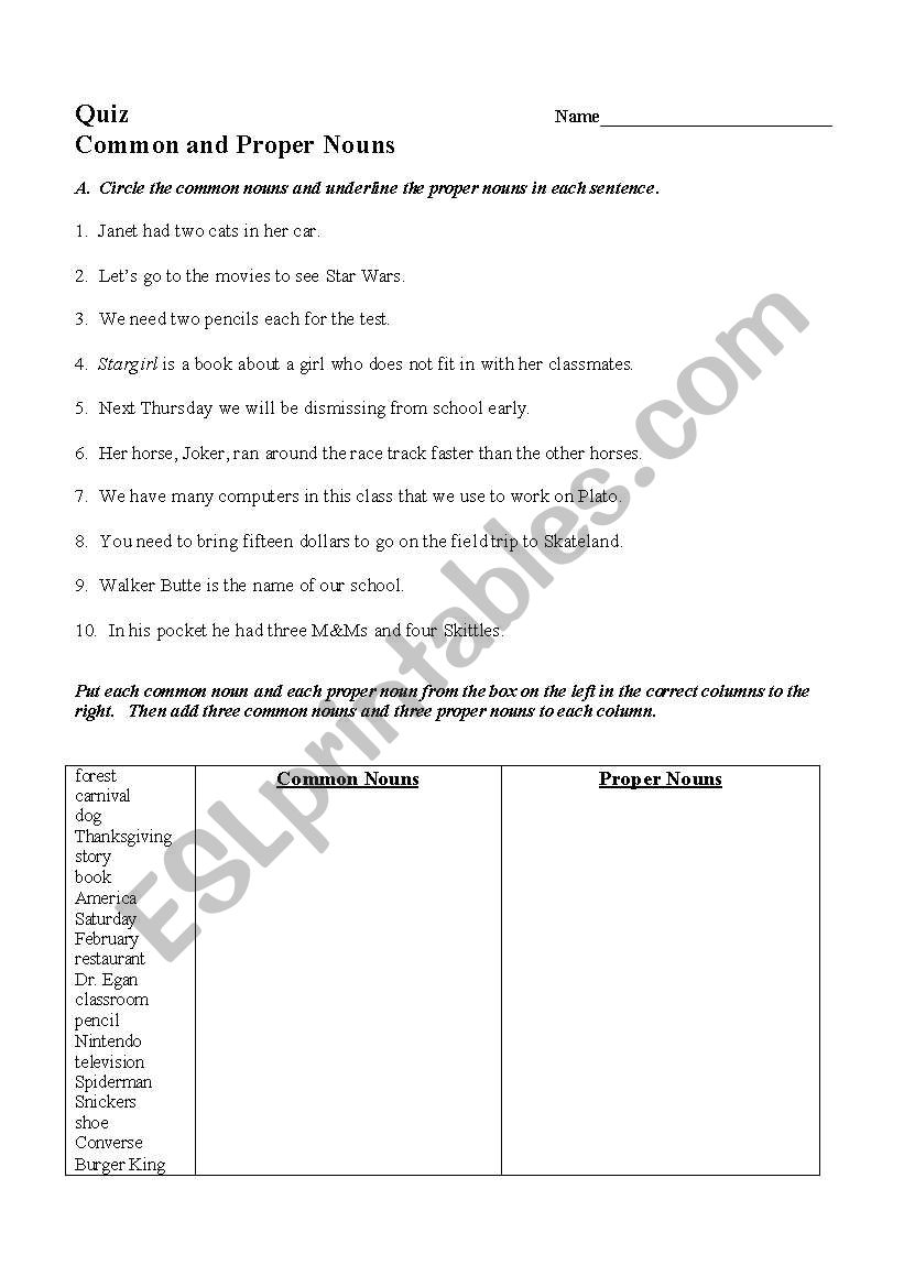 Common and Proper Nouns Quiz worksheet
