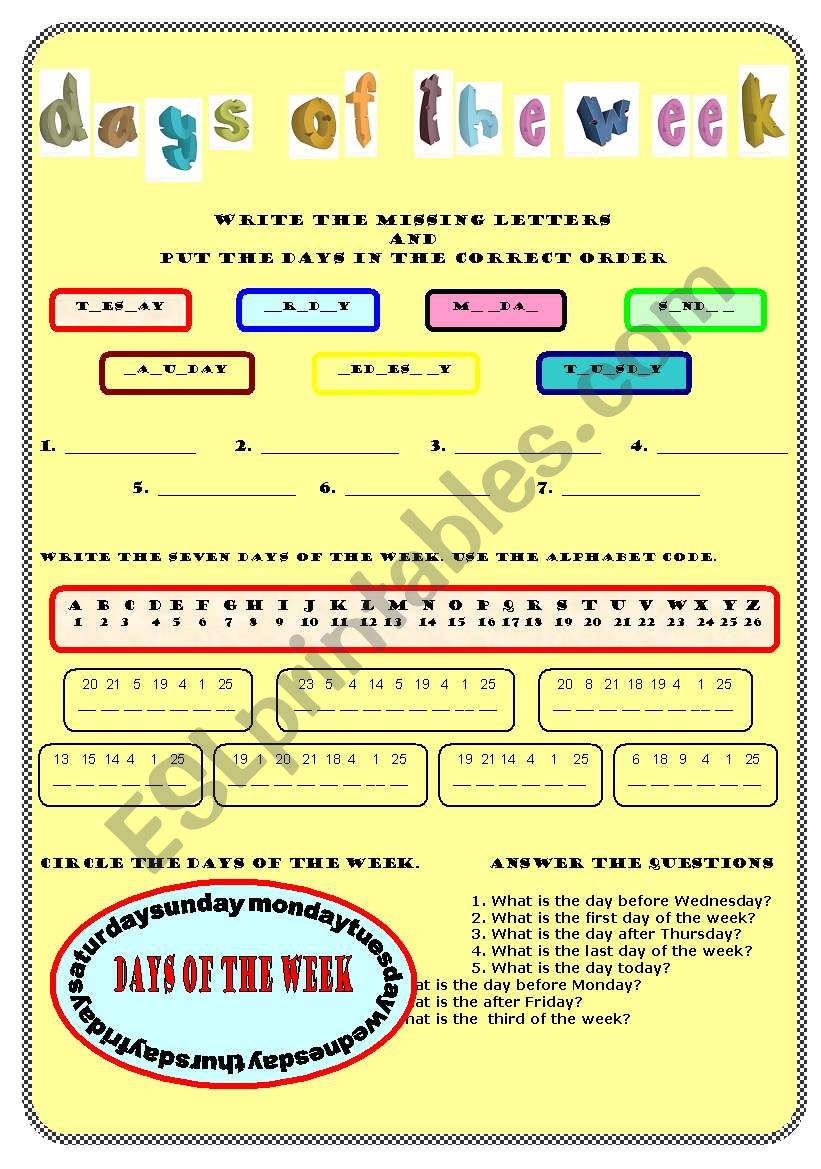 days of the week worksheet