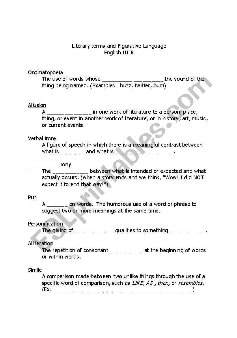 Literary Terms and Figurative Language Fill-In Notes